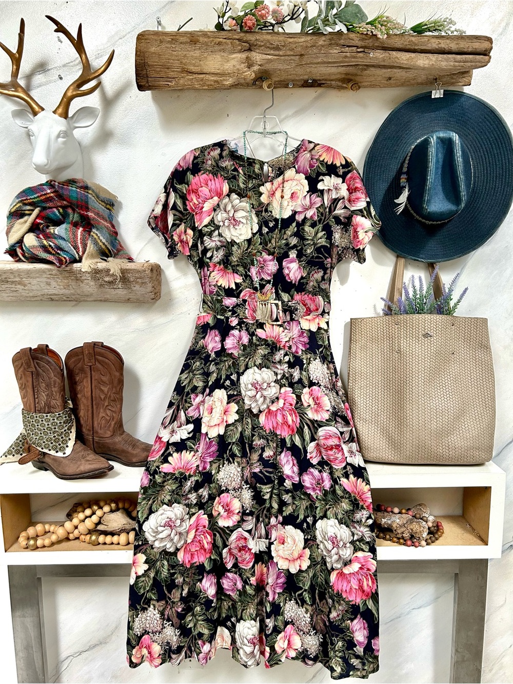 Cottagecore Vintage Black Maxi vintage Dress with Pink & Cream Floral Print